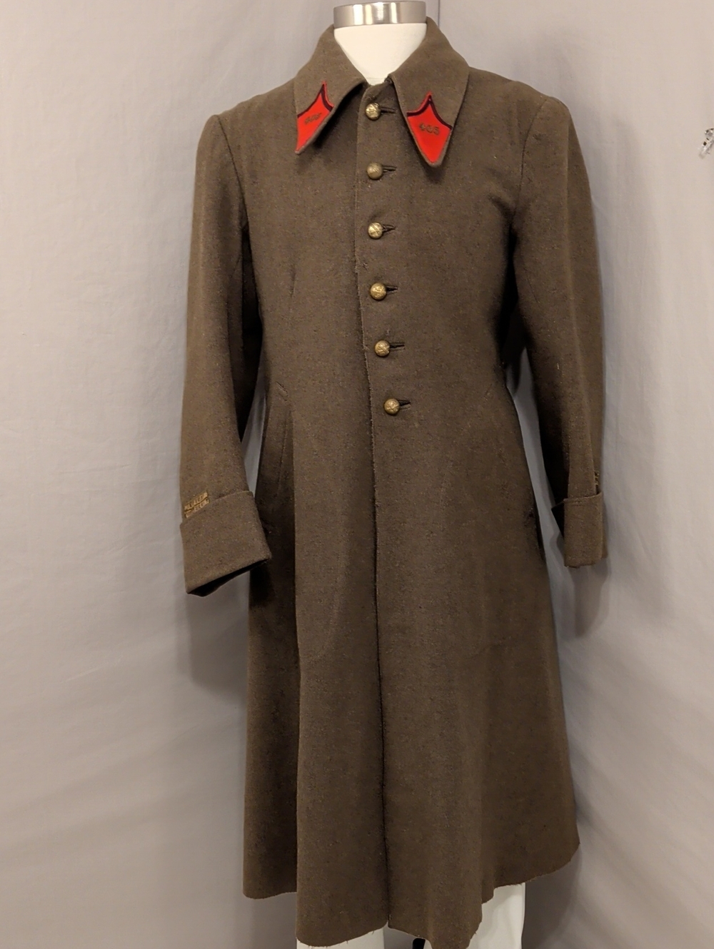 Vintage Men's French Military Long Wool Coat in Olive w Orange Collar Accents